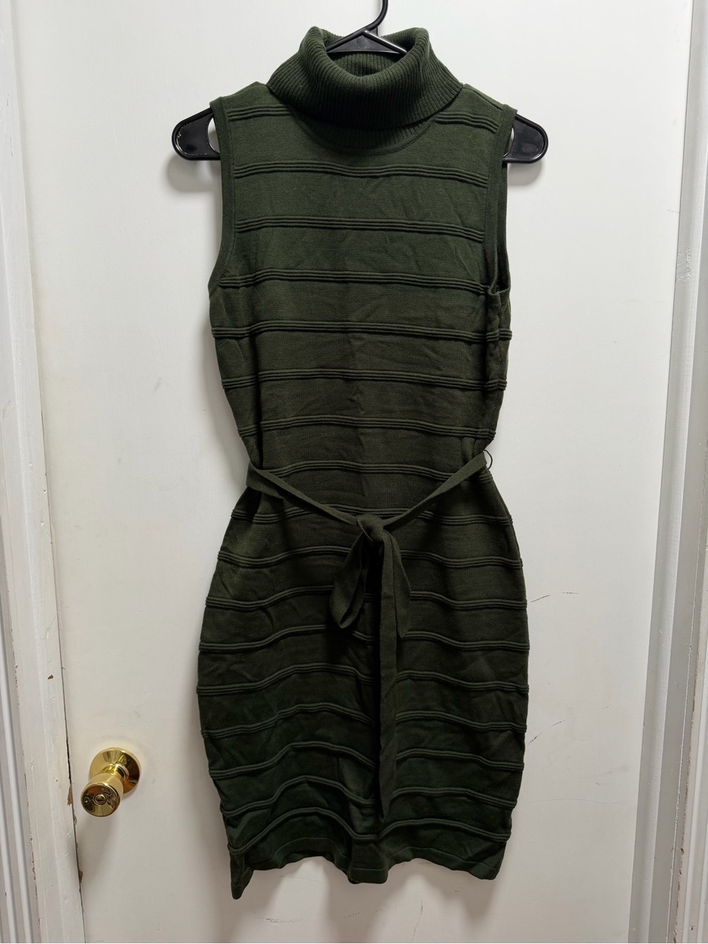 Calvin Klein Olive Green Sleeveless Turtleneck Midi Dress Ribbed Minimalist